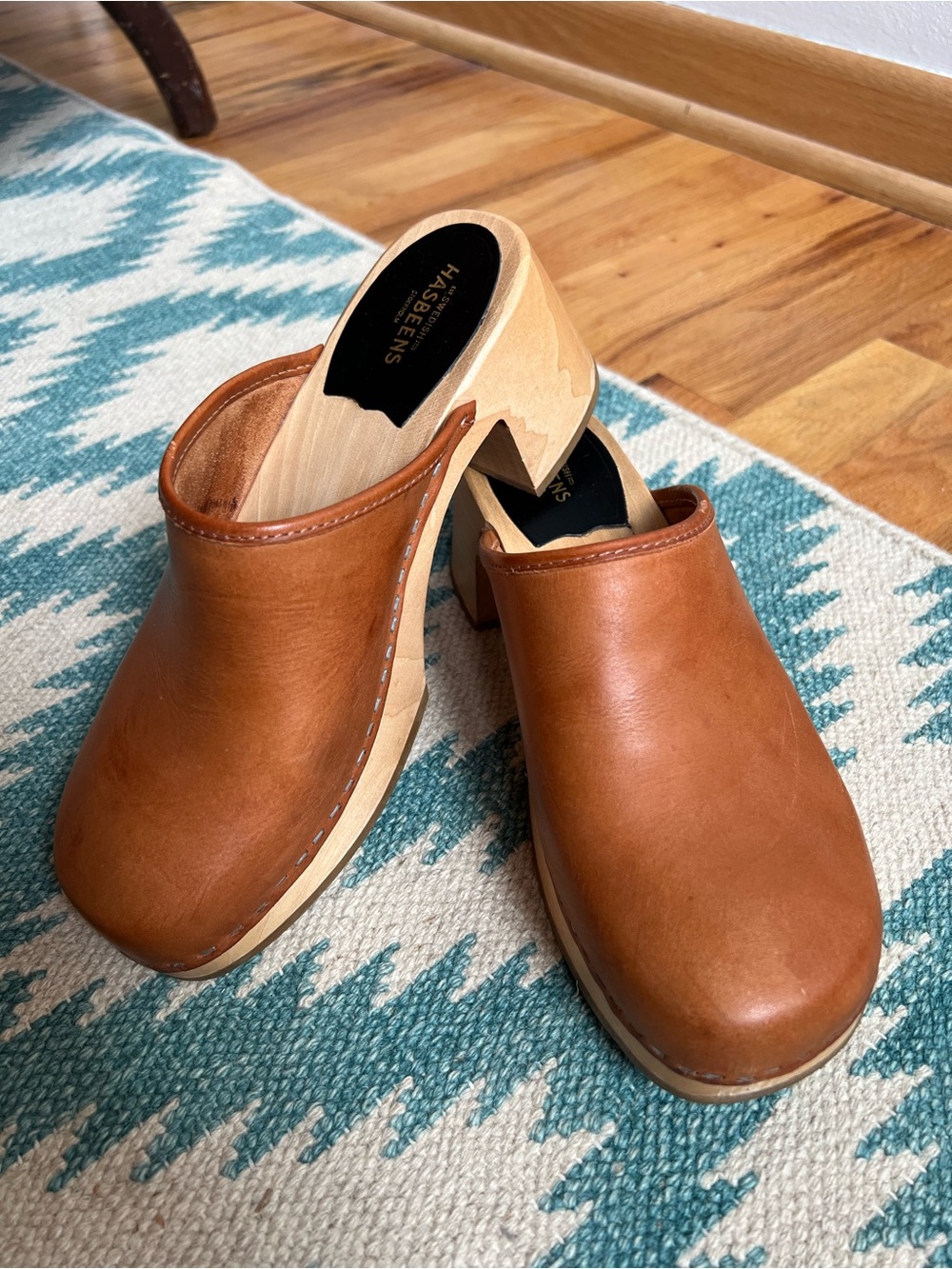 Swedish Hasbeens Nature Clog - Cognac Brown Leather Wooden Clogs